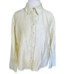 Y2K Raw Silk Shirt Sz XL Petite Snap Light Green Long Sleeve Irridescent‎ Office